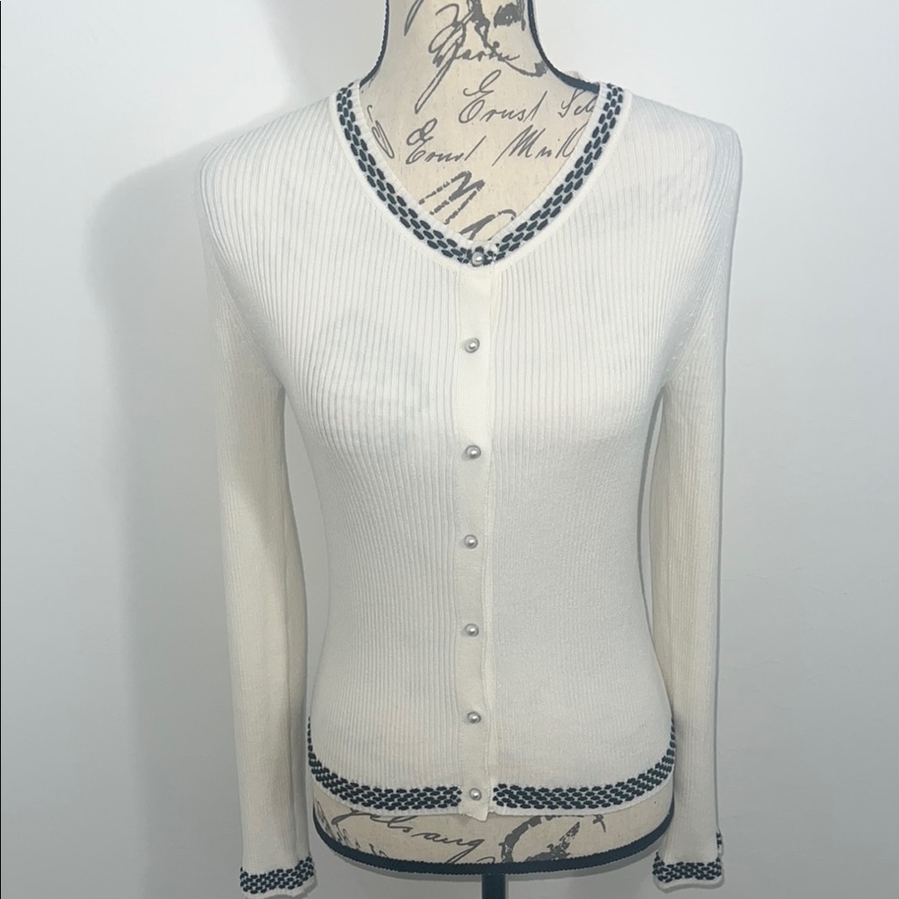 WHBM White Sweater with Black Border Size